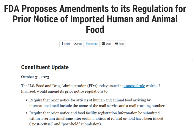 FDA fortalece supervisión de alimentos importados por correo internacional